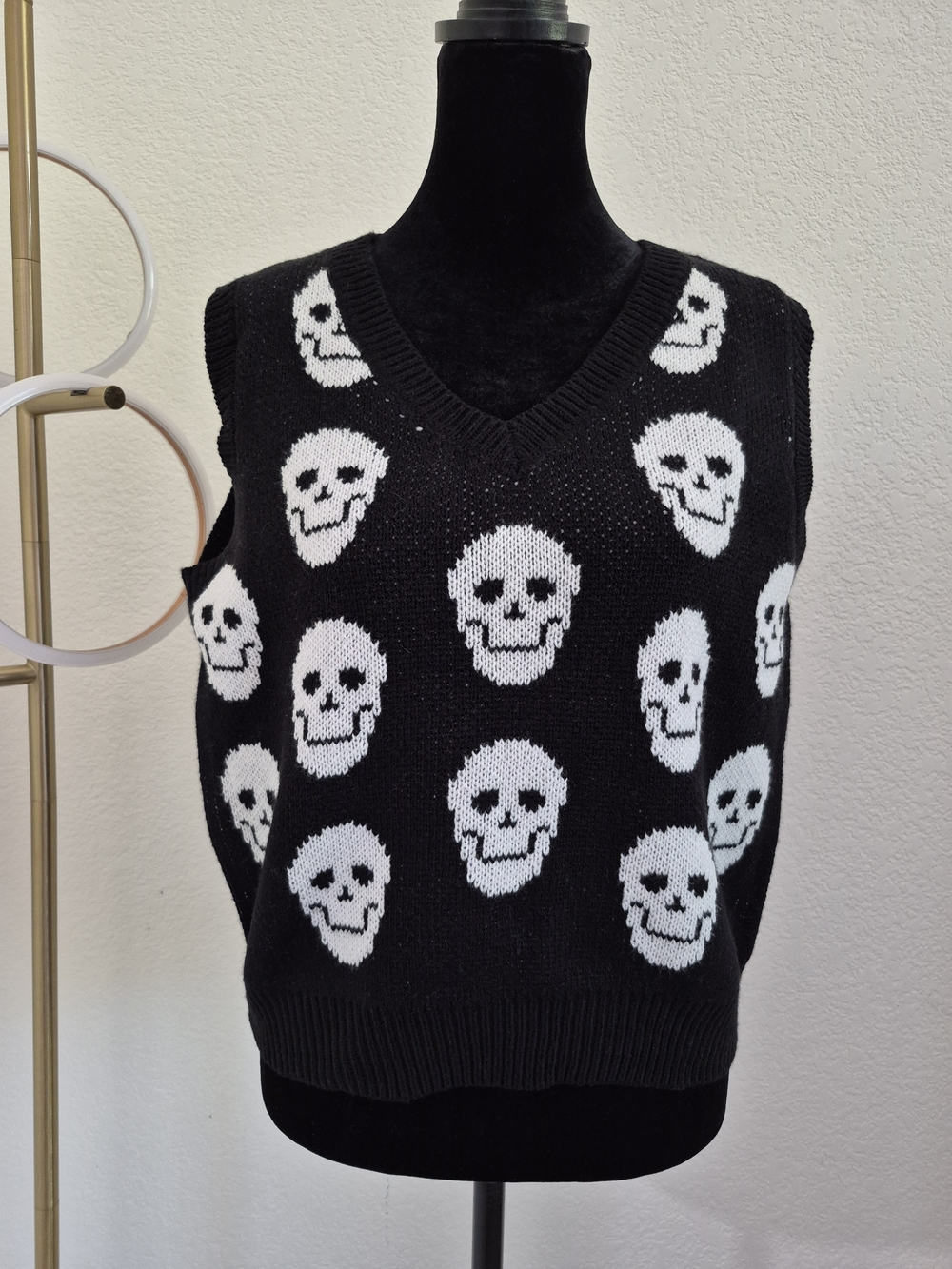 No Boundaries Black V-Neck Skull Sweater Vest with White Skull Pattern